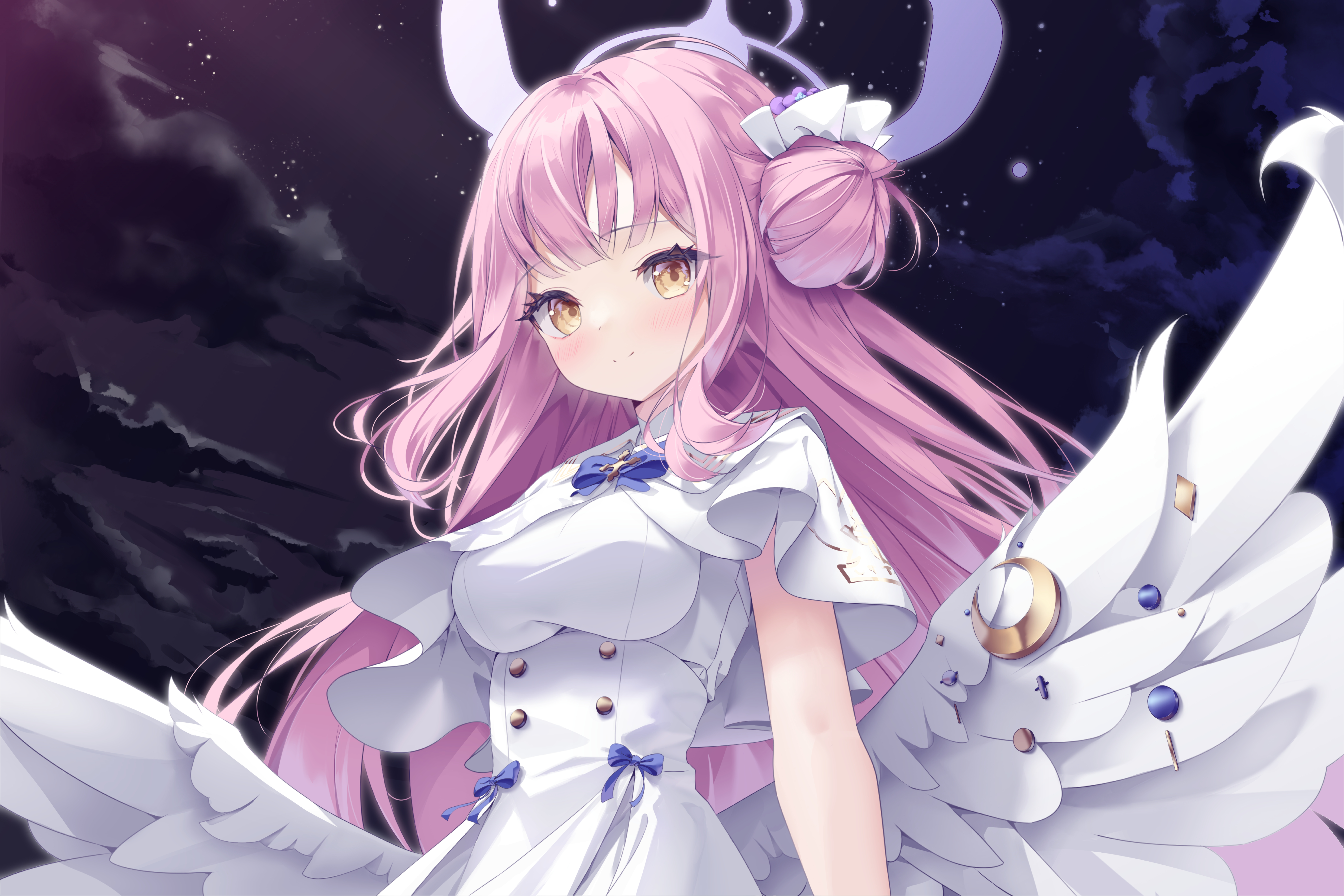 izure (pixiv65617238), mika (blue archive), blue archive, absurdres, highres, 1girl, angel wings, blue bow, blush, bow, breasts, buttons, closed mouth, dress, feathered wings, hair bun, halo, high-waist skirt, long hair, looking at viewer, low wings, medium breasts, pink hair, pink halo, single hair bun, single side bun, skirt, smile, solo, underbust, very long hair, white dress, white overskirt, white wings, wing ornament, wings, yellow eyes