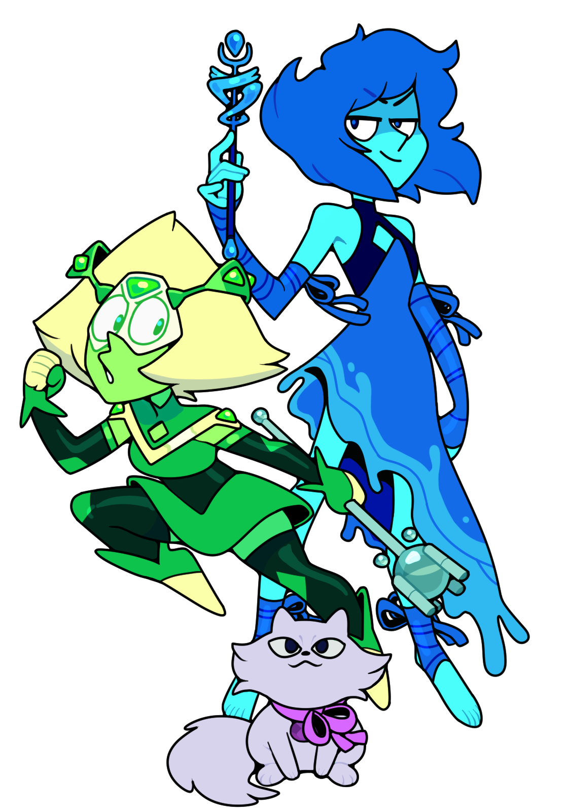 discount-supervillain, amethyst (steven universe), lapis lazuli (steven universe), peridot (steven universe), steven universe, highres, 3girls, alien, alternate costume, blonde hair, blue hair, blue skin, colored skin, face shield, forehead jewel, full body, gem, green skin, lapis lazuli (species) (steven universe), magical girl, multiple girls, short hair, simple background, smile, triangle-shaped hair