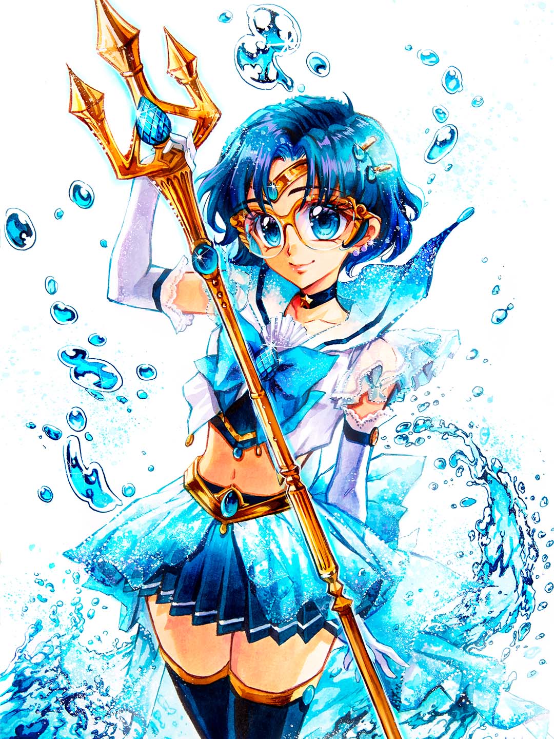 nashi juni, mizuno ami, sailor mercury, bishoujo senshi sailor moon, commentary, english commentary, highres, traditional media, 1girl, adapted costume, air bubble, back bow, blue boots, blue bow, blue bowtie, blue choker, blue eyes, blue gemstone, blue hair, blue sailor collar, blue skirt, boots, bow, bowtie, brooch, bubble, choker, circlet, closed mouth, crop top, earrings, elbow gloves, gem, glasses, gloves, high heel boots, high heels, jewelry, looking at viewer, magical girl, midriff, miniskirt, navel, pleated skirt, polearm, sailor collar, sailor senshi uniform, shirt, short hair, short sleeves, signature, skirt, smile, solo, splashing, standing, stud earrings, swept bangs, trident, water, weapon, white gloves, white shirt