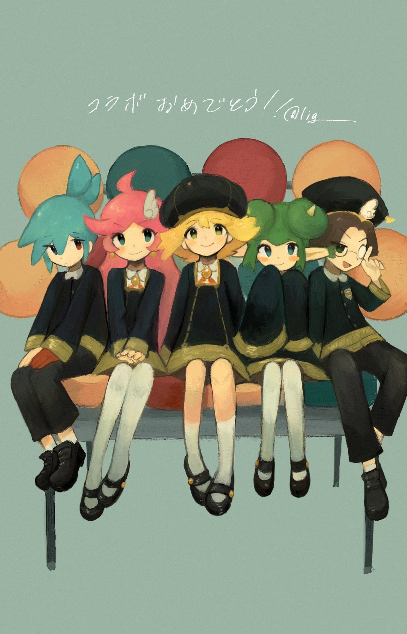 amitie (puyopuyo), klug (puyopuyo), lidelle (puyopuyo), raffina (puyopuyo), sig (puyopuyo), puyopuyo, puyopuyo quest, spy x family, commentary request, highres, 2boys, 3girls, aqua background, artist name, black dress, black hat, black jacket, black pants, black shoes, blonde hair, blue eyes, blue hair, blush, brown hair, closed mouth, collared shirt, couch, donut hair bun, double bun, dress, earrings, eden academy school uniform, glasses, gloves, green eyes, green hair, hair bun, hair ornament, hands on lap, hat, heterochromia, horns, jacket, jewelry, lig00, loafers, long hair, looking at viewer, mary janes, medium hair, multiple boys, multiple girls, official alternate costume, pants, pink hair, pointy ears, red eyes, red gloves, school uniform, shirt, shoes, short hair, single glove, sitting, sleeves past fingers, sleeves past wrists, smile, socks, thighhighs, twitter username, v arms, very long sleeves, white shirt, white socks, white thighhighs, wing hair ornament