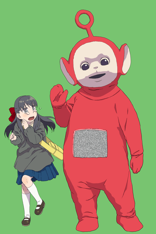 po (kushi katsu5), yoshitaka, ogasawara sachiko, po (teletubby), maria-sama ga miteru, teletubbies, white legwear, 00s, 1girl, bag, green background, satchel, scared, simple background, socks, standing, tears, what
