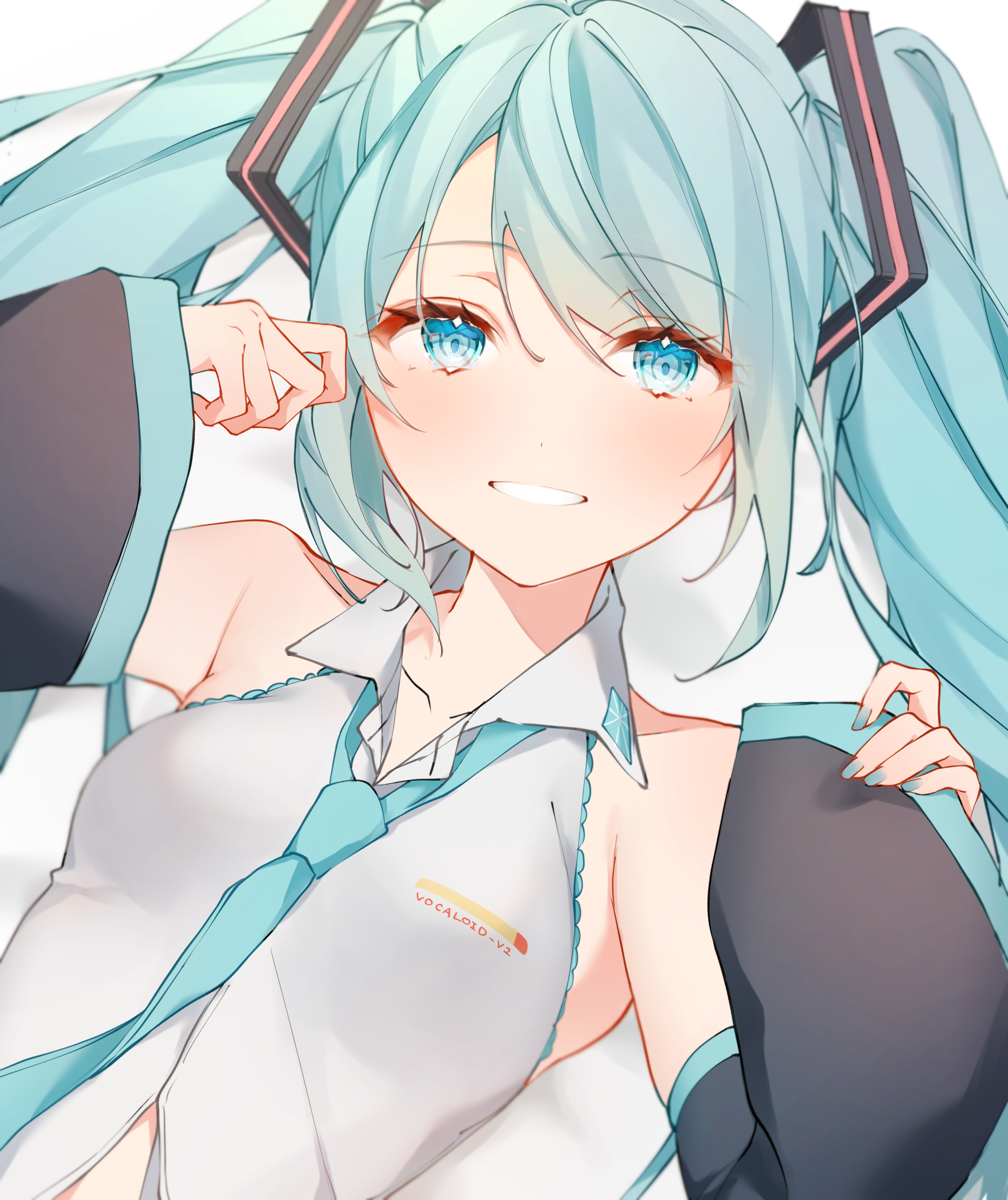 drawing kanon, hatsune miku, vocaloid, absurdres, highres, 1girl, aqua eyes, aqua hair, aqua nails, aqua necktie, aqua trim, bare shoulders, blush, breasts, collarbone, hair between eyes, hair ornament, long hair, looking at viewer, lying, medium breasts, midriff peek, necktie, on back, shirt, sleeveless, sleeveless shirt, sleeves past wrists, smile, solo, twintails, upper body, very long hair