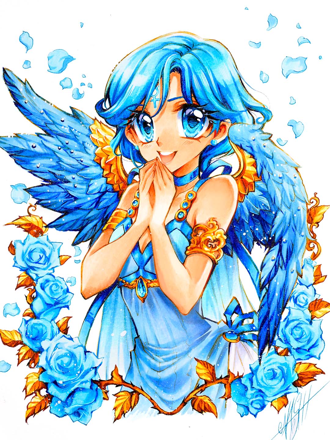 nashi juni, mizuno ami, princess mercury, bishoujo senshi sailor moon, commentary, english commentary, highres, painting (medium), traditional media, watercolor (medium), 1girl, angel, armlet, blue choker, blue dress, blue eyes, blue flower, blue gemstone, blue hair, blue rose, blue theme, blue wings, breasts, choker, cleavage, dress, facial mark, feathered wings, flower, forehead mark, gem, gold, hands up, happy, jewelry, looking at viewer, marker, mercury symbol, open mouth, own hands together, petals, rose, short hair, signature, smile, solo, teeth, upper teeth only, wings