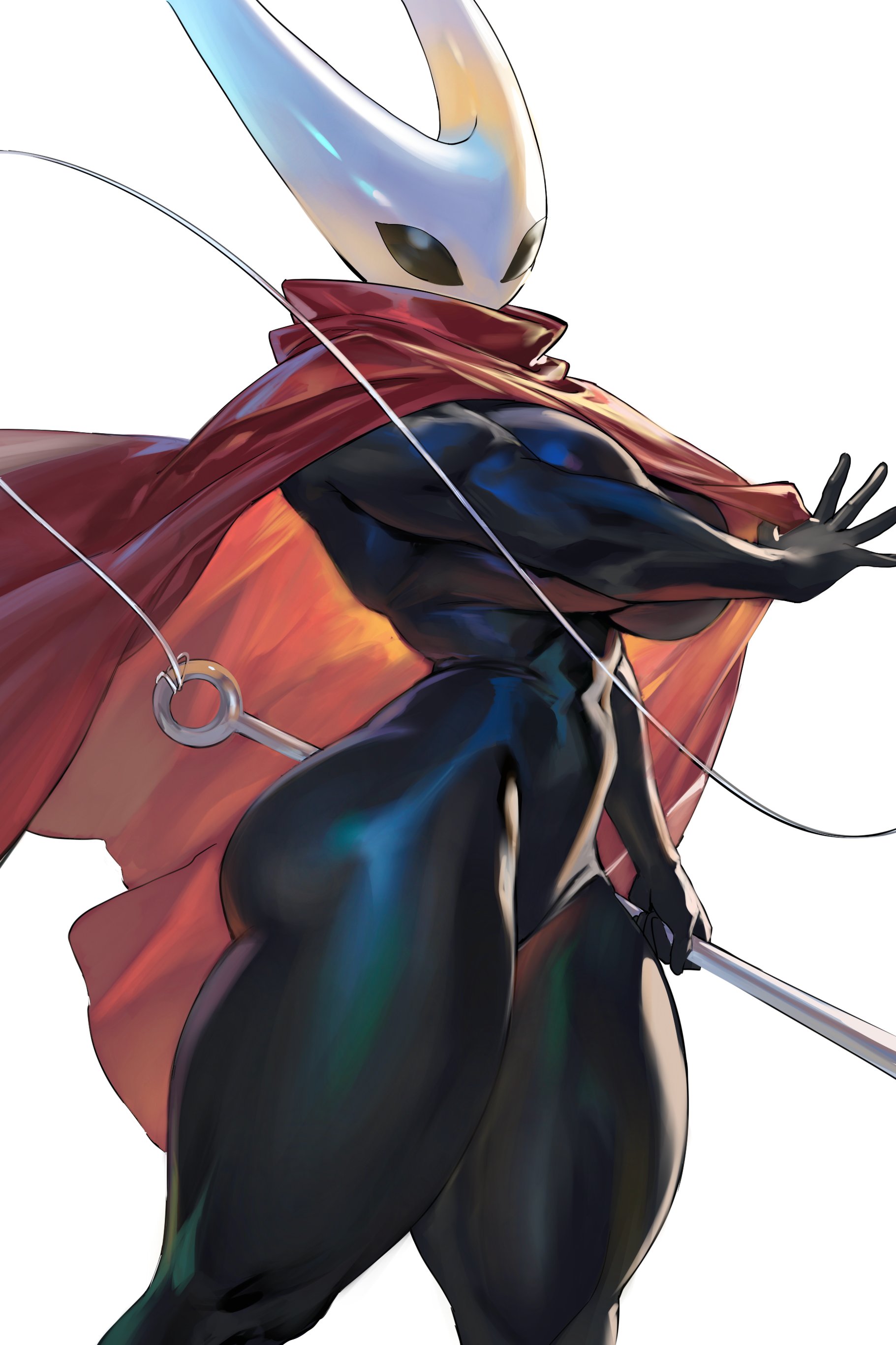 taiyang yu, absurdres, highres, 1girl, bodysuit, breasts, cape, holding, holding weapon, impossible bodysuit, impossible clothes, large breasts, muscular, muscular female, red cape, solo, weapon, white background
