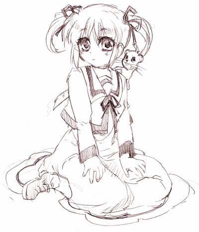 tenkuu sphere, takamachi nanoha, yuuno scrya, lyrical nanoha, mahou shoujo lyrical nanoha, lowres, 00s, ferret, greyscale, monochrome, solo