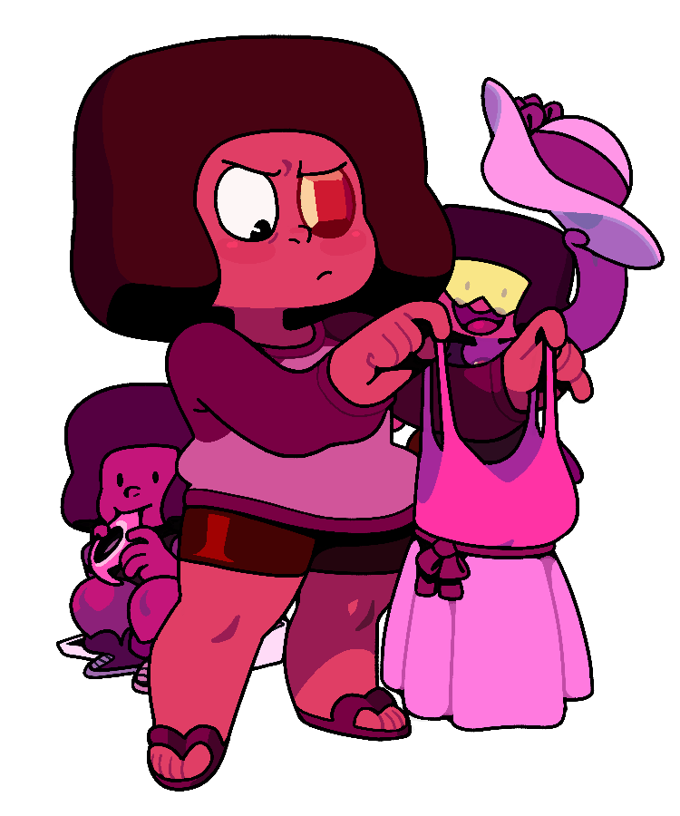 discount-supervillain, doc (steven universe), eyeball (steven universe), leggy (steven universe), steven universe, 3girls, afro, alien, alternate costume, casual, closed mouth, colored skin, gem, multiple girls, open mouth, red gemstone, red skin, ruby (species) (steven universe), shorts, single gem eye