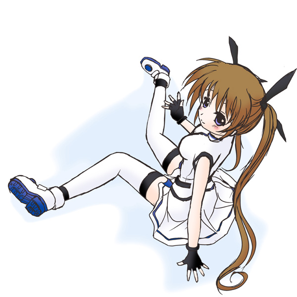 frapowa, takamachi nanoha, lyrical nanoha, mahou shoujo lyrical nanoha, mahou shoujo lyrical nanoha strikers, 00s, 1girl, female focus, fingerless gloves, gloves, magical girl, sitting, solo, thighhighs, twintails