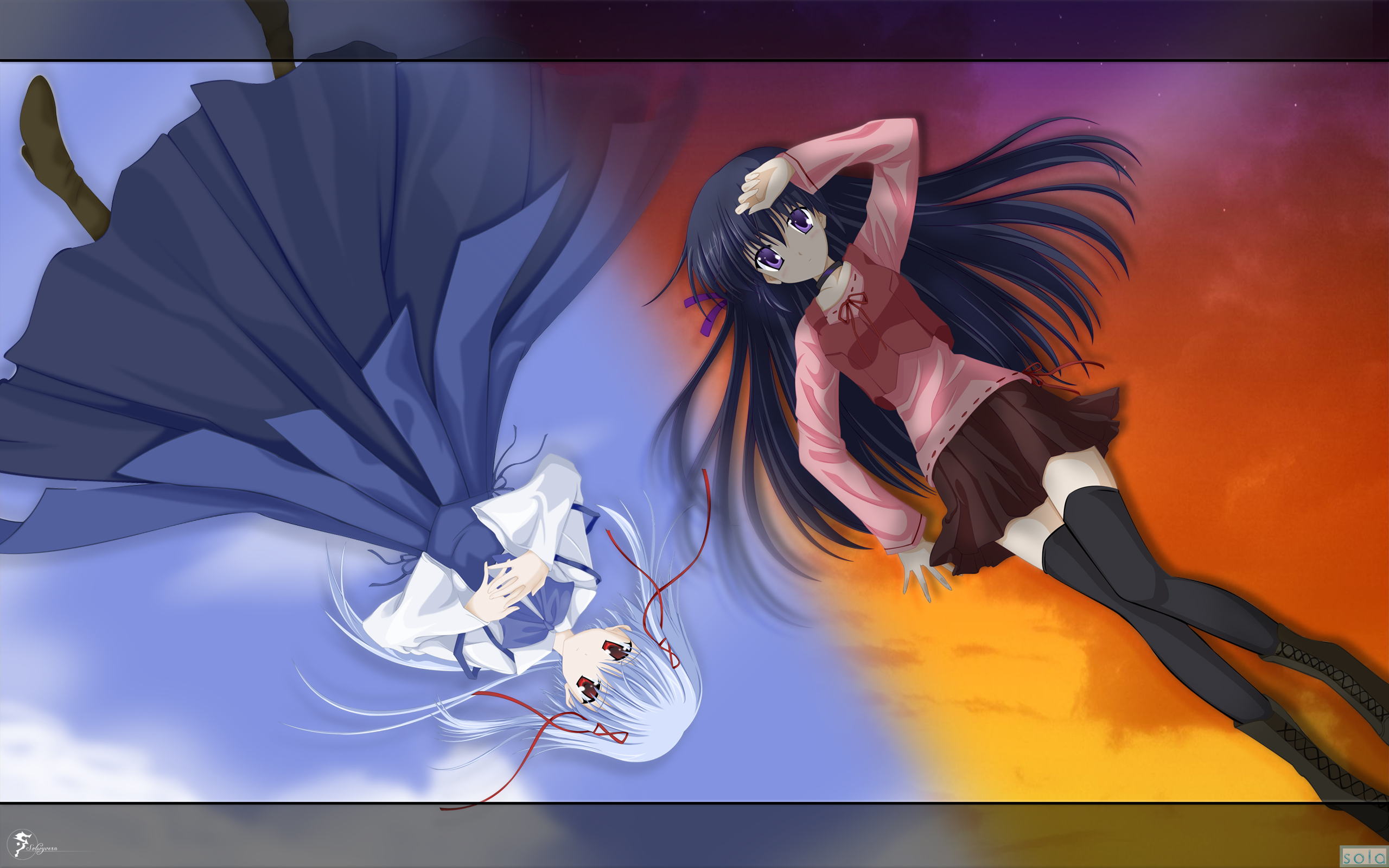 solwyvern, morimiya aono, shihou matsuri, sola, derivative work, highres, vector trace, 00s, rotational symmetry, thighhighs