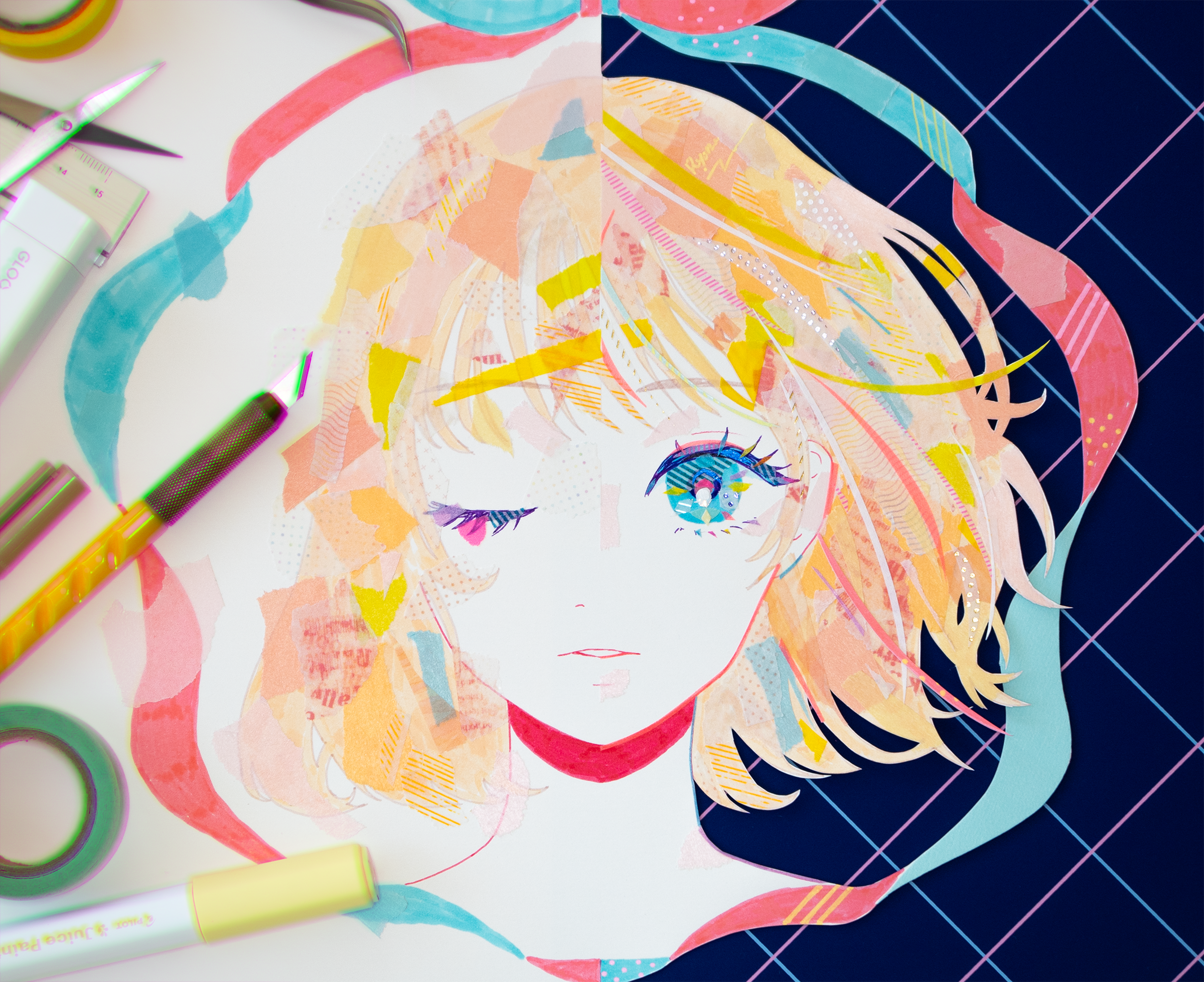 ryono, original, commentary request, highres, marker (medium), masking tape (medium), mixed media, photo (medium), traditional media, unconventional media, 1girl, aqua ribbon, art tools in frame, blonde hair, blue eyes, colored eyelashes, cropped head, grid background, hobby knife, holding, holding marker, marker, medium hair, multicolored eyes, multicolored hair, one eye closed, orange hair, parted lips, pink hair, pink ribbon, ribbon, ruler, scissors, sidelocks, signature, solo, split theme, straight-on, streaked hair, two-sided ribbon, washi tape (object), white background, wispy bangs