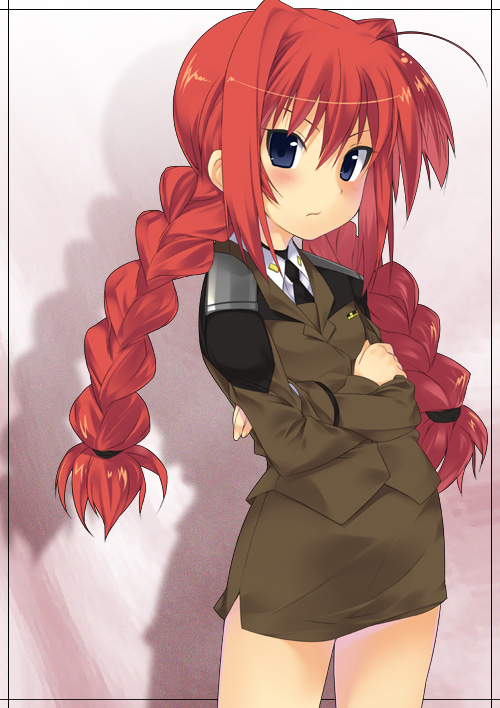 mizuki makoto, vita (nanoha), lyrical nanoha, mahou shoujo lyrical nanoha, mahou shoujo lyrical nanoha strikers, 00s, 1girl, ahoge, braid, crossed arms, female focus, military, military uniform, red hair, solo, twin braids