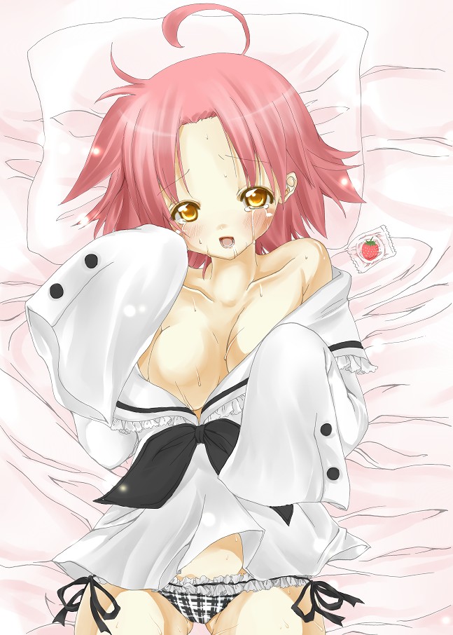 niwaka yuan, yun (artist), kogami akira, lucky star, 00s, 1girl, ahoge, blush, breasts, brown eyes, cleavage, condom, crying, female focus, open clothes, open shirt, oversized clothes, panties, pink hair, school uniform, serafuku, shirt, short hair, side-tie panties, solo, tears, underwear, yellow eyes