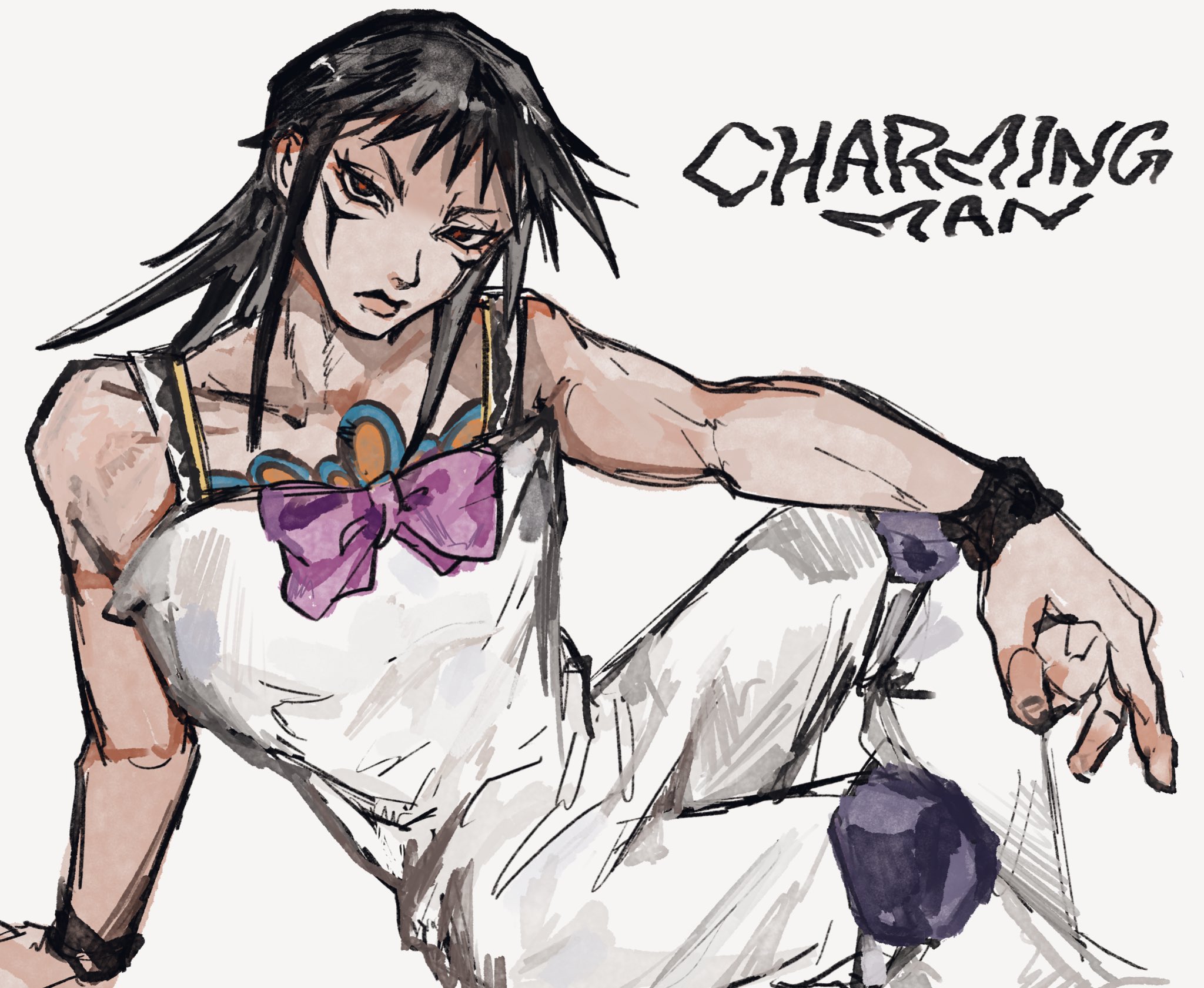 naru tomaki, jojo no kimyou na bouken, the jojolands, highres, 1boy, arm support, black hair, bow, character name, charming man, closed mouth, facial mark, long hair, looking at viewer, male focus, overalls, purple bow, sitting, solo, spiked hair, white background, white overalls, wristband