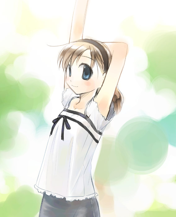 ikeda jun (mizutamari), 1girl, armpits, arms up, blush, female focus, long hair, looking at viewer, smile, solo, stretching