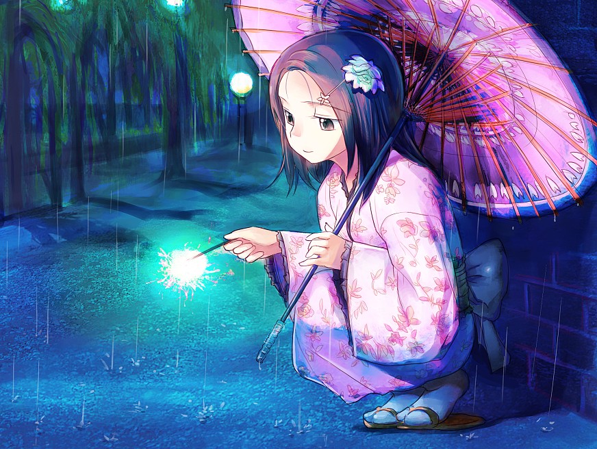 mekarauroko, original, 1girl, female focus, fireworks, flower, hair flower, hair ornament, japanese clothes, kimono, oil-paper umbrella, pink kimono, rain, solo, sparkler, squatting, umbrella, yukata