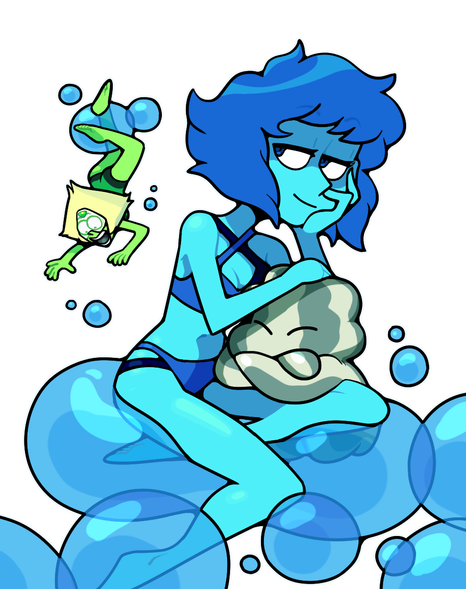 discount-supervillain, lapis lazuli (steven universe), peridot (steven universe), steven universe, highres, 2girls, alternate costume, barefoot, bikini, blue eyes, blue hair, blue skin, breasts, closed mouth, colored skin, diamond-shaped hair, forehead jewel, gem, lapis lazuli (species) (steven universe), multiple girls, one-piece swimsuit, short hair, simple background, swimsuit, water