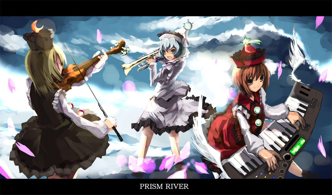 shimadoriru, lunasa prismriver, lyrica prismriver, merlin prismriver, touhou, 3girls, bow (music), female focus, hat, instrument, keyboard, keyboard (instrument), letterboxed, multiple girls, siblings, sisters, trumpet, violin