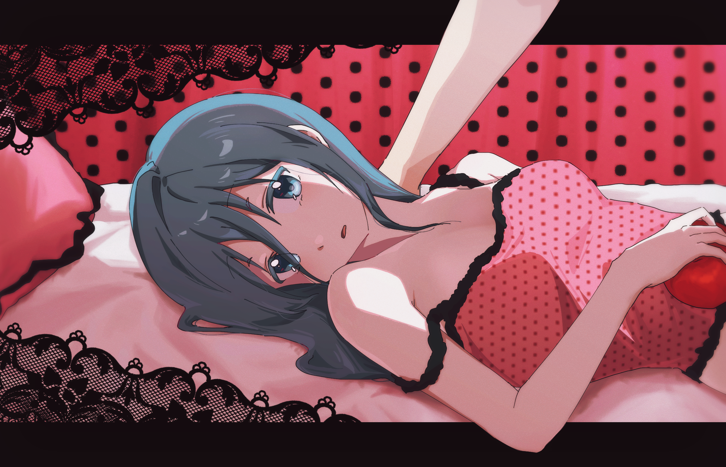 hatsune miku, romeo to cinderella (vocaloid), vocaloid, pink pillow, highres, 1girl, aqua eyes, aqua hair, bare shoulders, black lace trim, blue eyes, blue hair, blush, camisole, frilled camisole, frills, hoshiwo tadoru, lace-trimmed camisole, lace trim, long hair, looking at viewer, lying, open mouth, pink camisole, polka dot, polka dot camisole, solo, very long hair