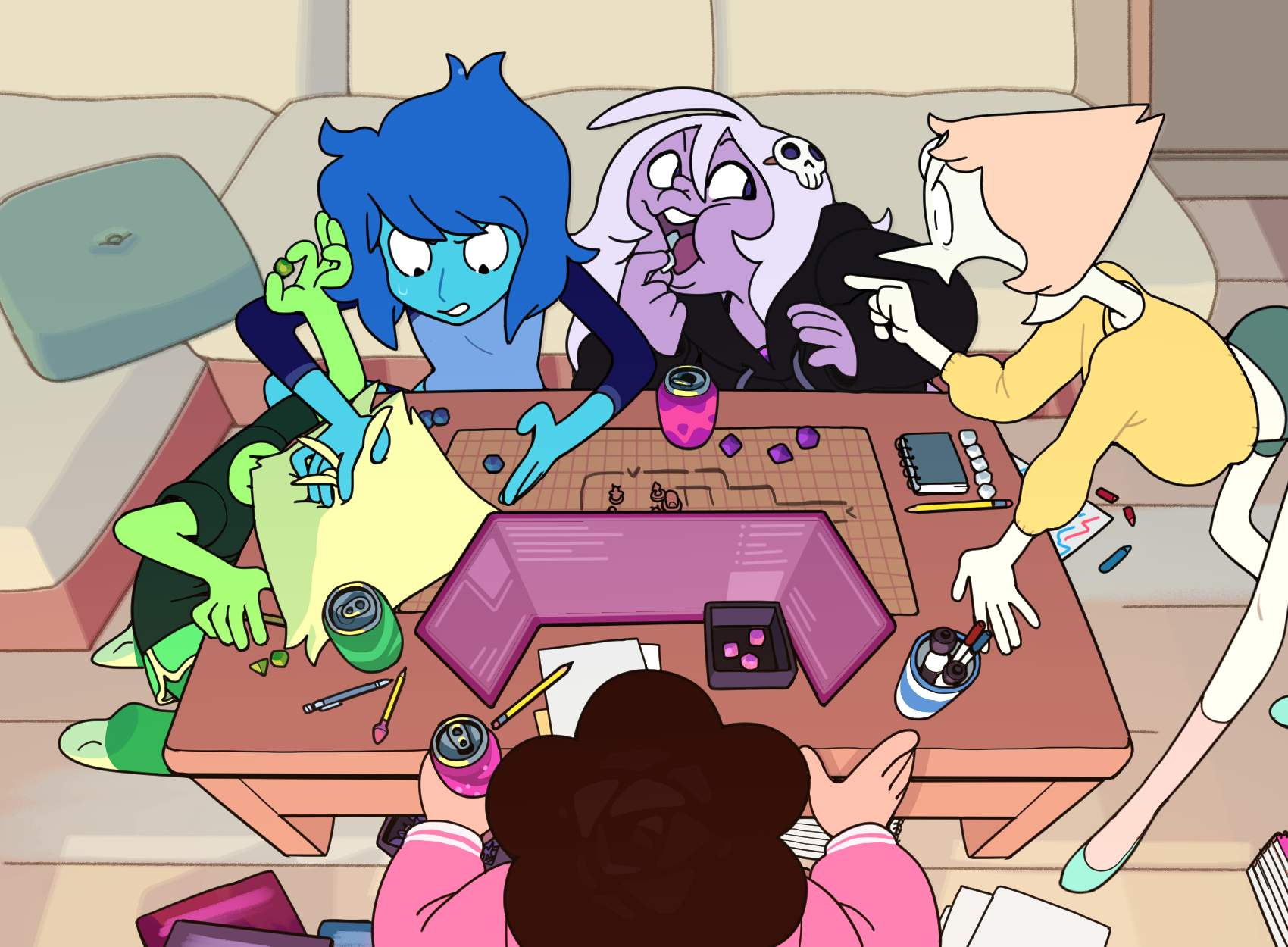 discount-supervillain, amethyst (steven universe), lapis lazuli (steven universe), pearl (steven universe), peridot (steven universe), steven quartz universe, tohno akiha, dungeons & dragons, steven universe, highres, 4girls, blonde hair, blue hair, colored skin, diamond-shaped hair, eating, forehead jewel, green skin, hair ornament, multiple girls, open mouth, skull hair ornament, steven universe: future