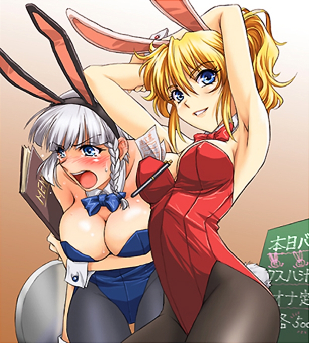 excellen browning, seolla schweizer, banpresto, super robot wars, breast hold, 2girls, animal ears, armpits, arms behind back, arms up, bare shoulders, blonde hair, blush, bow, bowtie, braid, breasts, chalkboard, cleavage, embarrassed, fake animal ears, female focus, grey hair, holding, large breasts, leotard, long hair, menu, multiple girls, open mouth, pantyhose, paper, pen, playboy bunny, ponytail, rabbit ears, rabbit tail, short hair, smile, sweat, tail, tears, tray