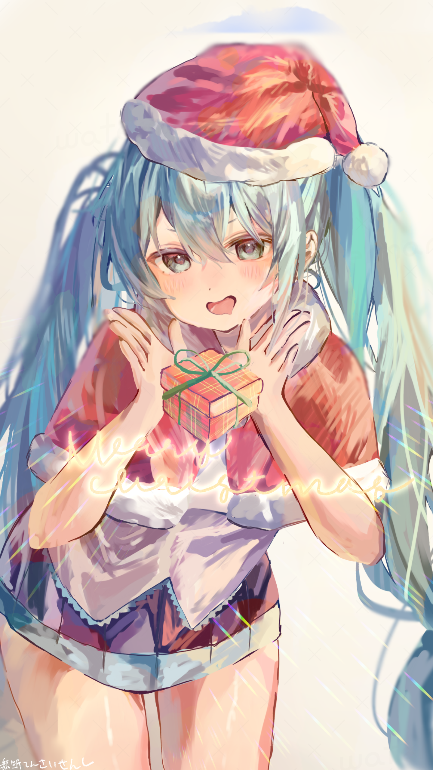 ferimochi, hatsune miku, vocaloid, absurdres, highres, 1girl, aqua hair, bare shoulders, blue eyes, blue hair, blush, box, gift, gift box, hair between eyes, hair ornament, hat, holding, holding gift, long hair, looking at viewer, open mouth, santa hat, shirt, simple background, skirt, sleeveless, smile, solo, thighhighs, thighs, twintails, very long hair