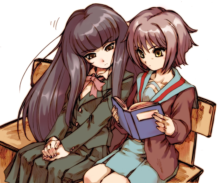 hisahiko, nagato yuki, suou kuyou, suzumiya haruhi no yuuutsu, 00s, 2girls, blazer, book, cardigan, female focus, jacket, kouyouen academy school uniform, long hair, multiple girls, school uniform, serafuku, very long hair