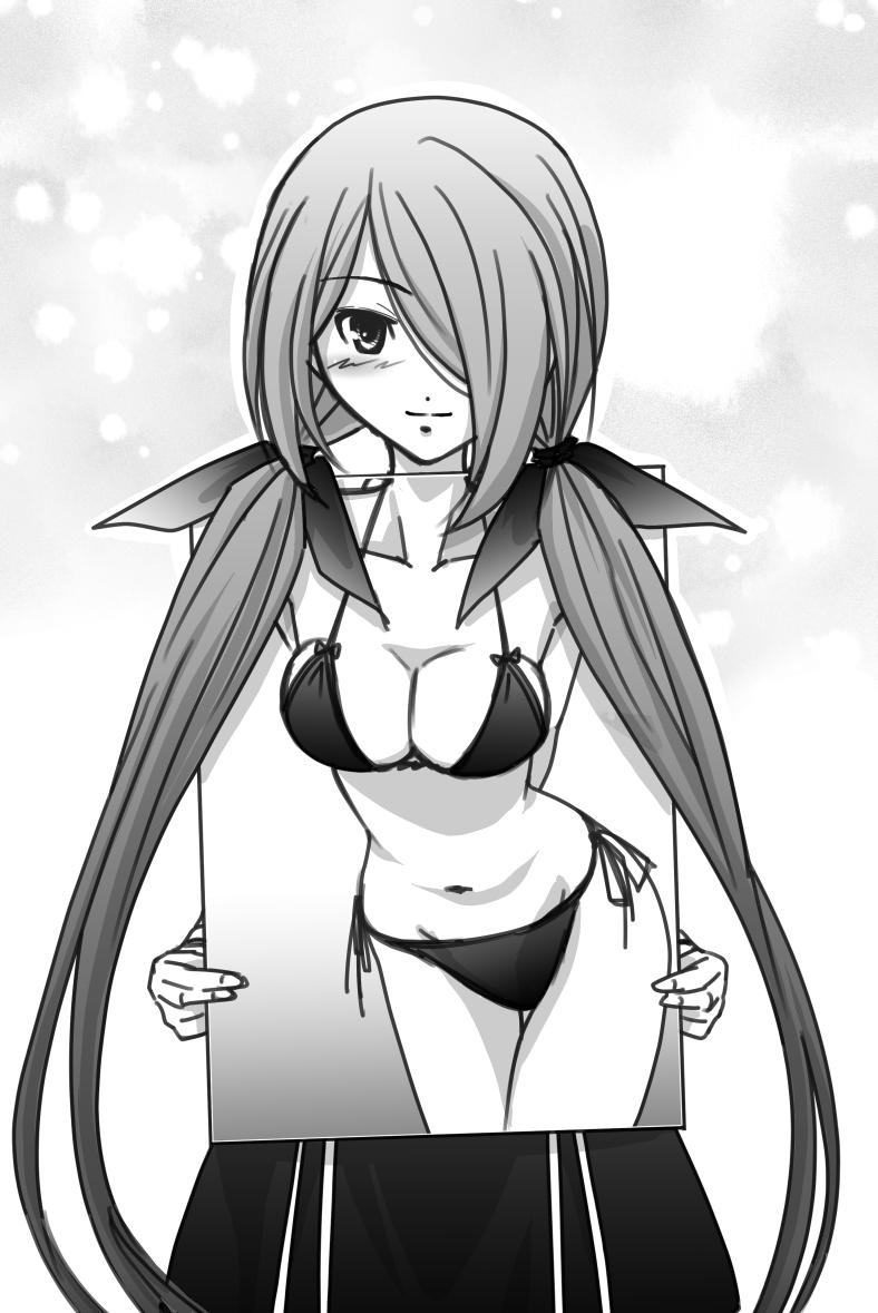 eibon, minamisawa senri, chaos;child, science adventure, 1girl, bare shoulders, bikini, blush, breasts, cleavage, cowboy shot, greyscale, hair over one eye, hair ribbon, hekiho academy school uniform, holding, holding photo, large breasts, long hair, looking at viewer, medium breasts, monochrome, navel, photo (object), ribbon, school uniform, smile, solo, swimsuit, twintails, very long hair