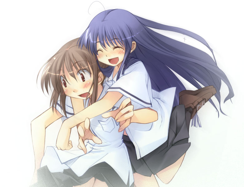 jirou (chekoro), original, 2girls, :d, ^ ^, black skirt, closed eyes, cowboy shot, hug, loafers, multiple girls, open mouth, school uniform, serafuku, shirt, shoes, simple background, skirt, smile, surprised, thigh gap, upskirt, white background, white shirt, yuri