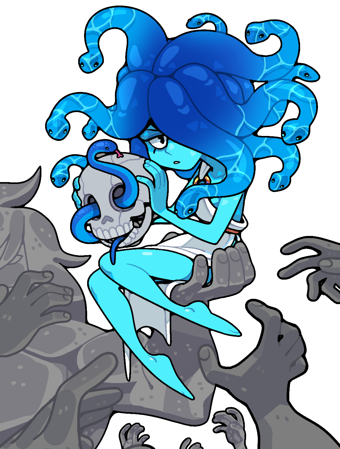 discount-supervillain, jasper (steven universe), lapis lazuli (steven universe), steven universe, highres, 1girl, alternate costume, barefoot, blue skin, colored skin, holding, holding skull, looking at viewer, simple background, sitting, skull, snake, snake hair, solo, statue, teeth