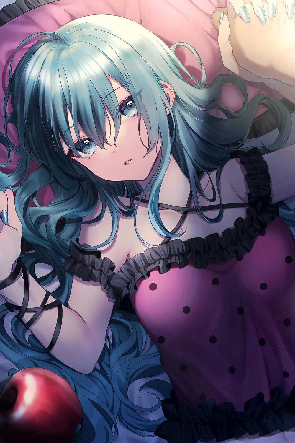 kaizawa yuu, hatsune miku, romeo to cinderella (vocaloid), vocaloid, highres, 1girl, apple, aqua eyes, aqua hair, bare shoulders, blue eyes, blue hair, blush, camisole, food, frills, fruit, long hair, looking at viewer, lying, polka dot, shirt, simple background, smile, solo, very long hair