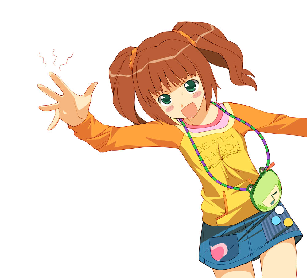 a1 (initial-g), takatsuki yayoi, idolmaster, idolmaster (classic), idolmaster 1, 00s, 1girl, brown hair, female focus, green eyes, open mouth, raglan sleeves, solo, twintails