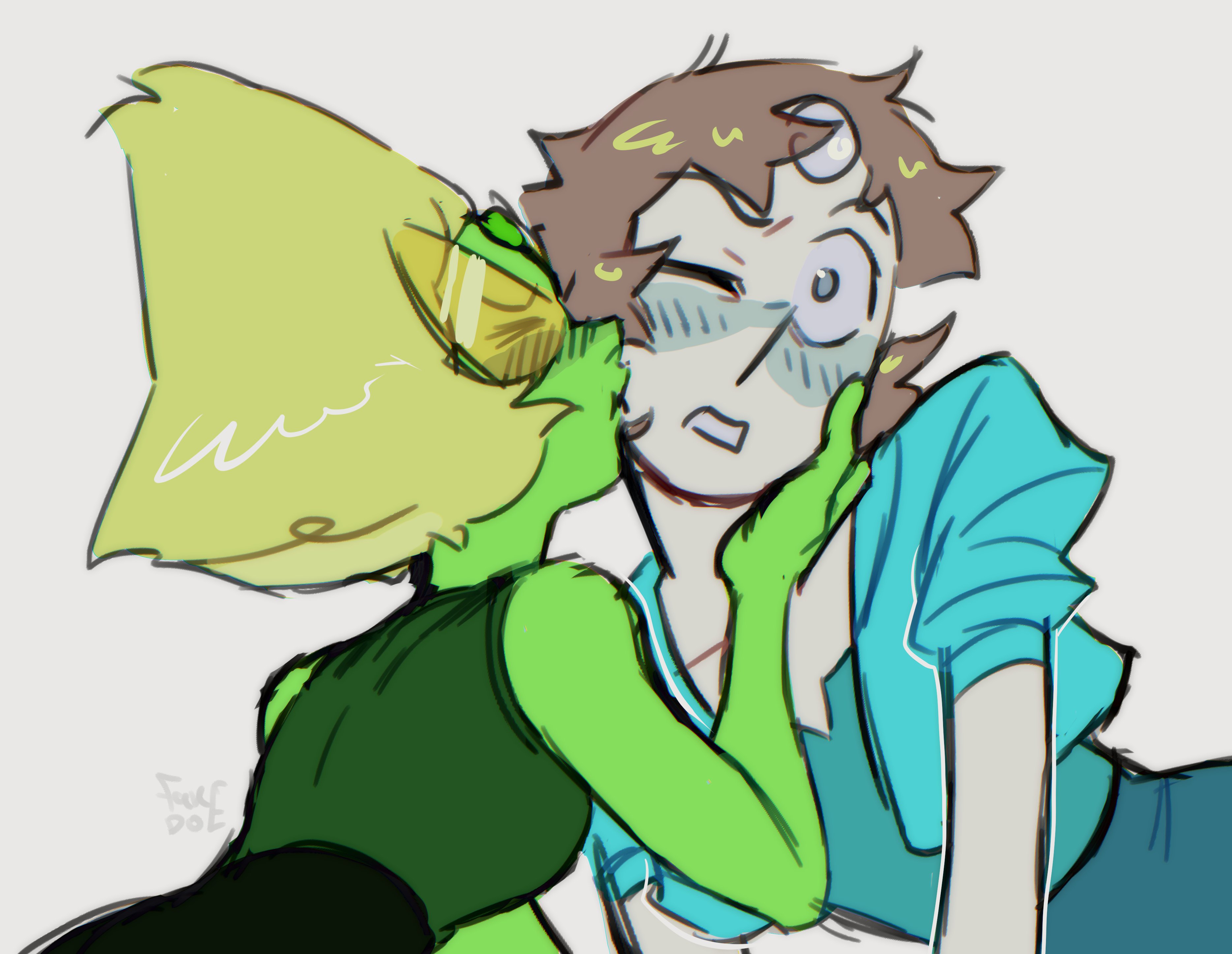 pearl (steven universe), peridot (steven universe), steven universe, absurdres, highres, 2girls, blonde hair, blue jacket, blush, closed eyes, colored skin, cropped jacket, fake doe, forehead jewel, gem, green skin, jacket, kiss, kissing cheek, multiple girls, one eye closed, pearl (gemstone), puffy short sleeves, puffy sleeves, short sleeves, signature, white skin, yuri