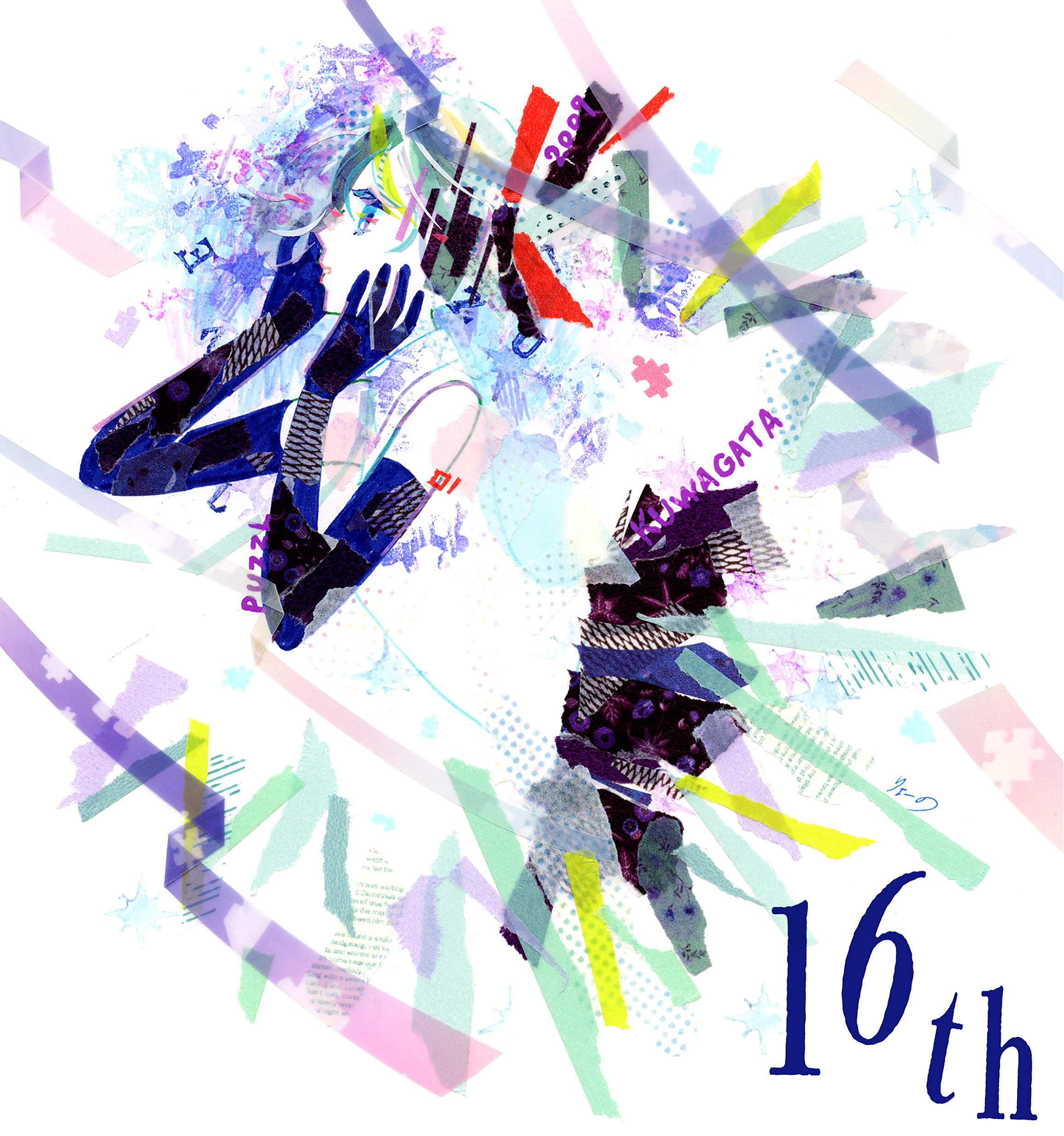 ryono, hatsune miku, original, puzzle (vocaloid), vocaloid, absurdres, highres, masking tape (medium), mixed media, traditional media, unconventional media, 1girl, 2009, abstract, anniversary, aqua hair, black gloves, black skirt, blonde streaks, blue eyes, collared shirt, cropped torso, elbow gloves, from side, gloves, hair ornament, hand on own face, hands up, looking up, multicolored hair, parted lips, profile, shirt, signature, skirt, sleeveless, sleeveless shirt, solo, streaked hair, twintails, white background, white shirt