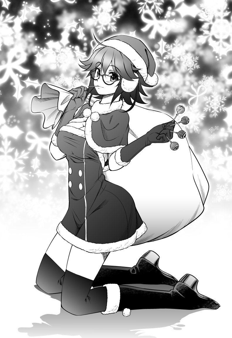 eibon, kazuki hana, chaos;child, chupa chups, science adventure, 1girl, bag, black boots, black thighhighs, blush, boots, breasts, candy, capelet, christmas, cleavage, detached sleeves, dress, elbow gloves, food, from side, fur-trimmed boots, fur-trimmed capelet, fur-trimmed dress, fur-trimmed gloves, fur scarf, fur trim, gift, gloves, greyscale, hat, holding, holding bag, holding candy, holding food, holding lollipop, kneeling, large breasts, lollipop, lollipop in mouth, looking at viewer, miniskirt, monochrome, santa costume, santa hat, scarf, short dress, short hair, skirt, smile, solo, thighhighs, white scarf