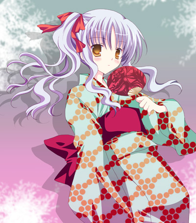 shirogane hina, caren hortensia, fate/hollow ataraxia, fate/stay night, fate (series), light purple hair, lowres, 00s, alternate costume, hair ribbon, hand fan, japanese clothes, kimono, orange eyes, paper fan, polka dot, ribbon, shadow, solo, twintails, uchiwa