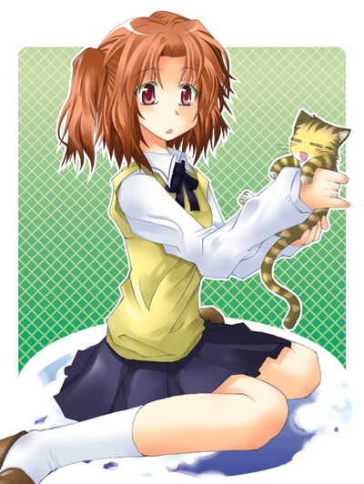 towa nayari, yumizuka satsuki, tsukihime, 00s, 1girl, :o, animal, blue skirt, brown hair, cat, female focus, full body, holding, kneehighs, loafers, long sleeves, parted lips, pointy ears, red eyes, school uniform, serafuku, shoes, sitting, skirt, socks, solo, sweater vest, wariza, white socks