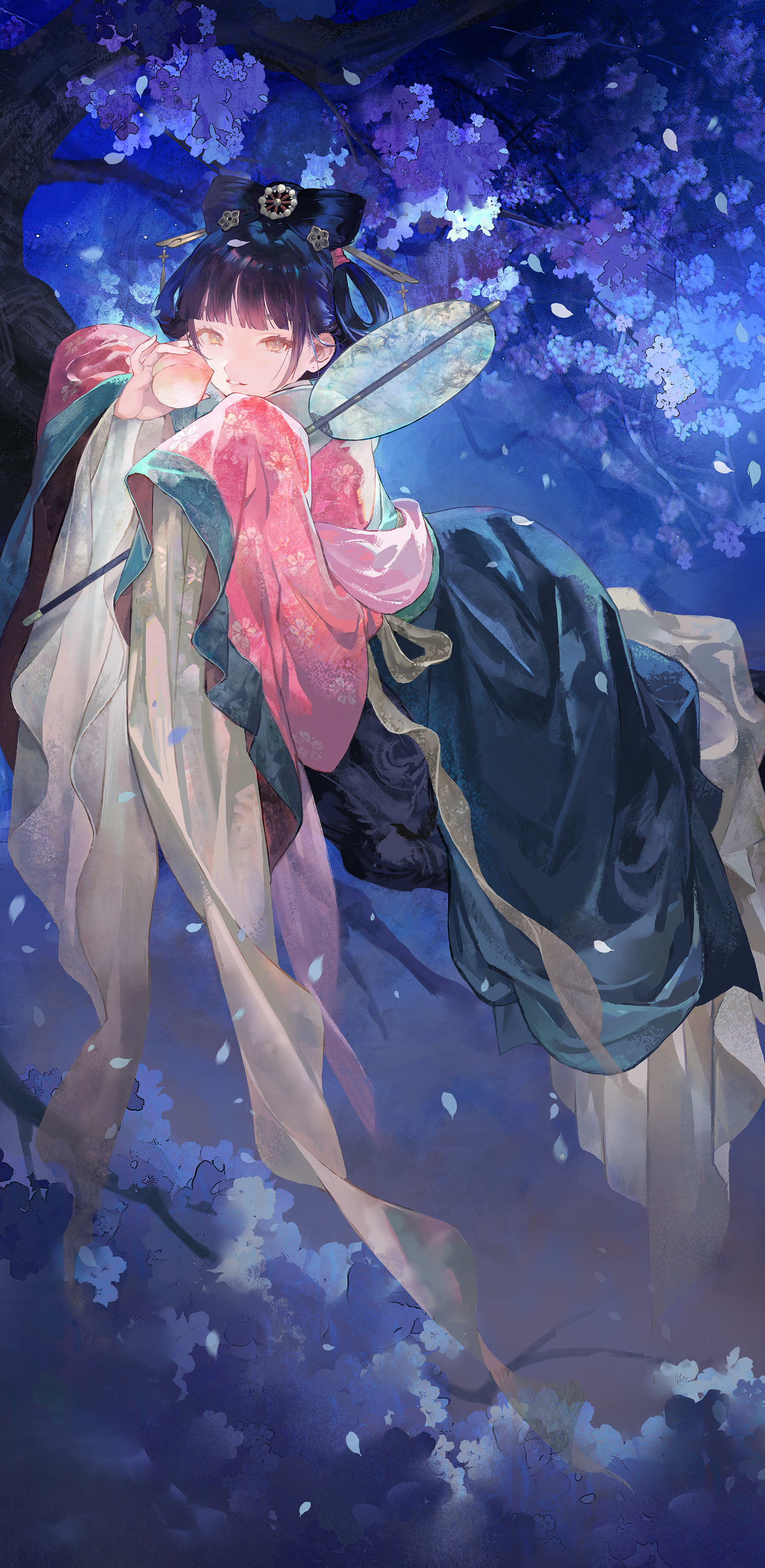 guagua0313, original, absurdres, chinese commentary, highres, 1girl, black hair, chinese clothes, floral print, floral print hanfu, flower, food, fruit, hair ornament, hair rings, hand fan, hanfu, holding, holding fan, holding food, holding fruit, looking at viewer, on branch, parted lips, peach, solo, tuanshan, wide sleeves, yellow eyes