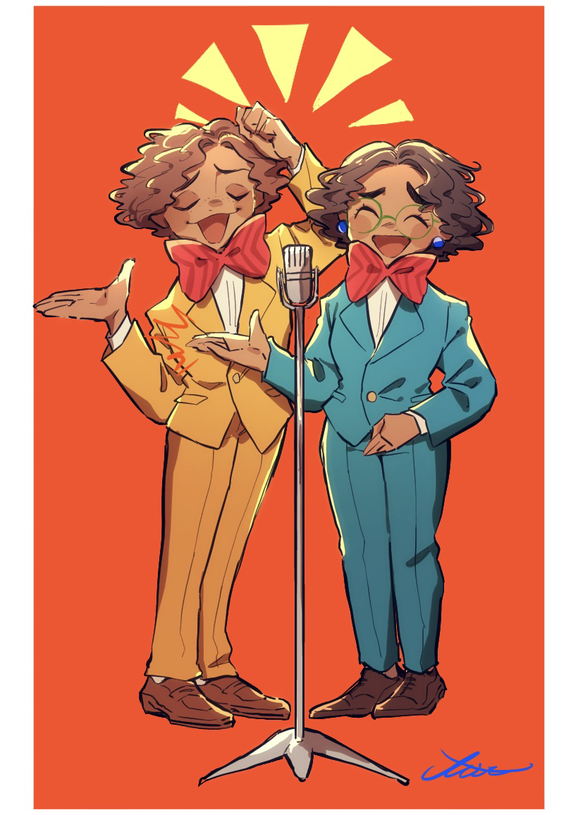 tuxedo cat, camilo madrigal, mirabel madrigal, encanto, 1boy, afro, alternate costume, bow, brown hair, curly hair, dark-skinned female, dark-skinned male, dark skin, microphone, microphone stand, miz esc, shirt, short hair, simple background, smile, white shirt