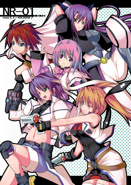 satofuji masato, caro ru lushe, cross mirage, erio mondial, ginga nakajima, mach caliber, revolver knuckle, strada, subaru nakajima, teana lanster, lyrical nanoha, mahou shoujo lyrical nanoha, mahou shoujo lyrical nanoha strikers, 00s, 1boy, 4girls, blue hair, bow, cape, dual wielding, fingerless gloves, gauntlets, gloves, gun, hat, holding, magical boy, magical girl, midriff, multiple girls, one eye closed, orange hair, pink bow, pink hair, purple hair, siblings, single fingerless glove, single gauntlet, sisters, thighhighs, twintails, waist cape, weapon