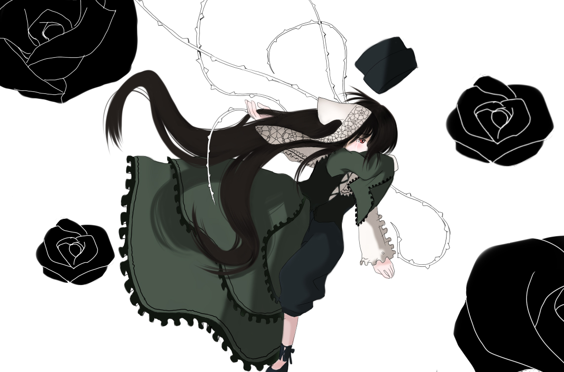 sorethroat, souseiseki, suiseiseki, rozen maiden, 00s, 2girls, blue dress, brown hair, collar, doll, dress, frilled collar, frills, green dress, headscarf, long hair, long sleeves, multiple girls, puppet strings, short hair, siblings, simple background, sisters, twins, very long hair, white background, white headscarf