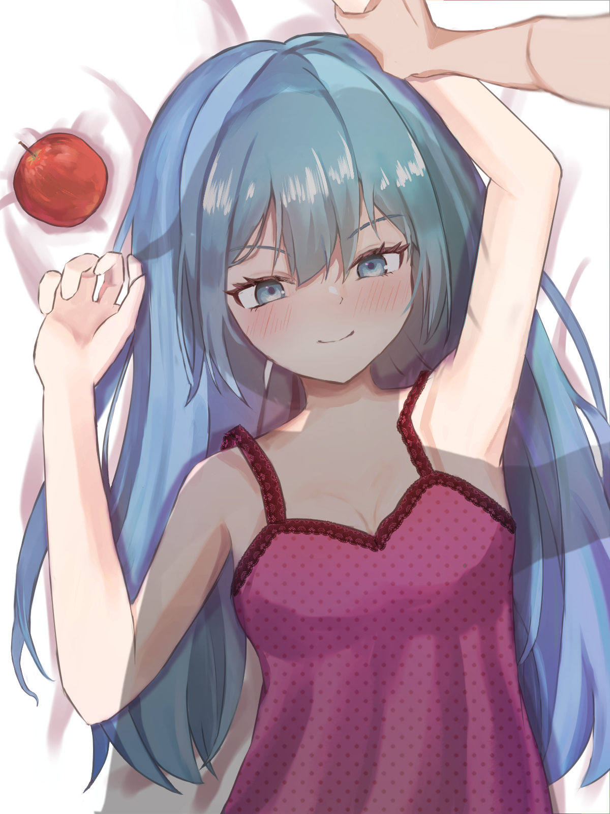 kuukuro nyanko, hatsune miku, romeo to cinderella (vocaloid), vocaloid, highres, 1girl, apple, aqua eyes, aqua hair, bare shoulders, blue eyes, blue hair, blush, camisole, food, frills, fruit, long hair, looking at viewer, lying, polka dot, shirt, simple background, smile, solo, very long hair