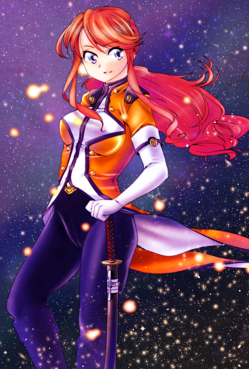 kannah, gemini sunrise, sakura taisen, sakura taisen v, black pants, blue eyes, freckles, gloves, hair tie, holding, holding sword, holding weapon, jacket, katana, looking to the side, military uniform, official alternate costume, orange jacket, pants, ponytail, red hair, sidelocks, smile, sword, weapon, white gloves