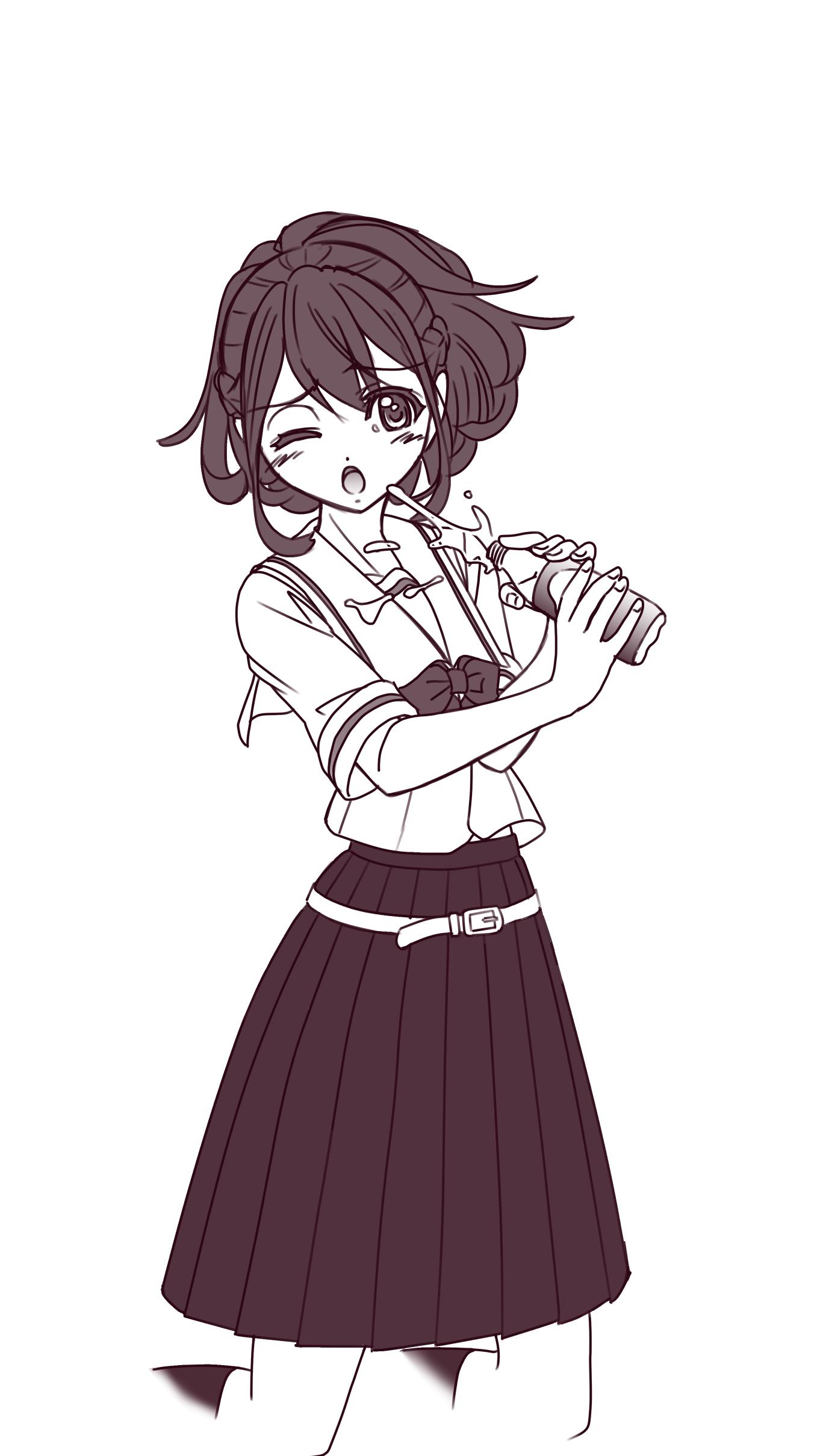 eibon, senomiya akiho, robotics;notes, science adventure, absurdres, highres, 1girl, :o, black socks, blush, braid, chest bow, chuo tanegashima high school uniform, cropped shirt, half up braid, high-waist skirt, kneehighs, long hair, monochrome, one eye closed, pleated skirt, school uniform, serafuku, sexually suggestive, skal, skirt, socks, solo, teeth, tongue, upper teeth only