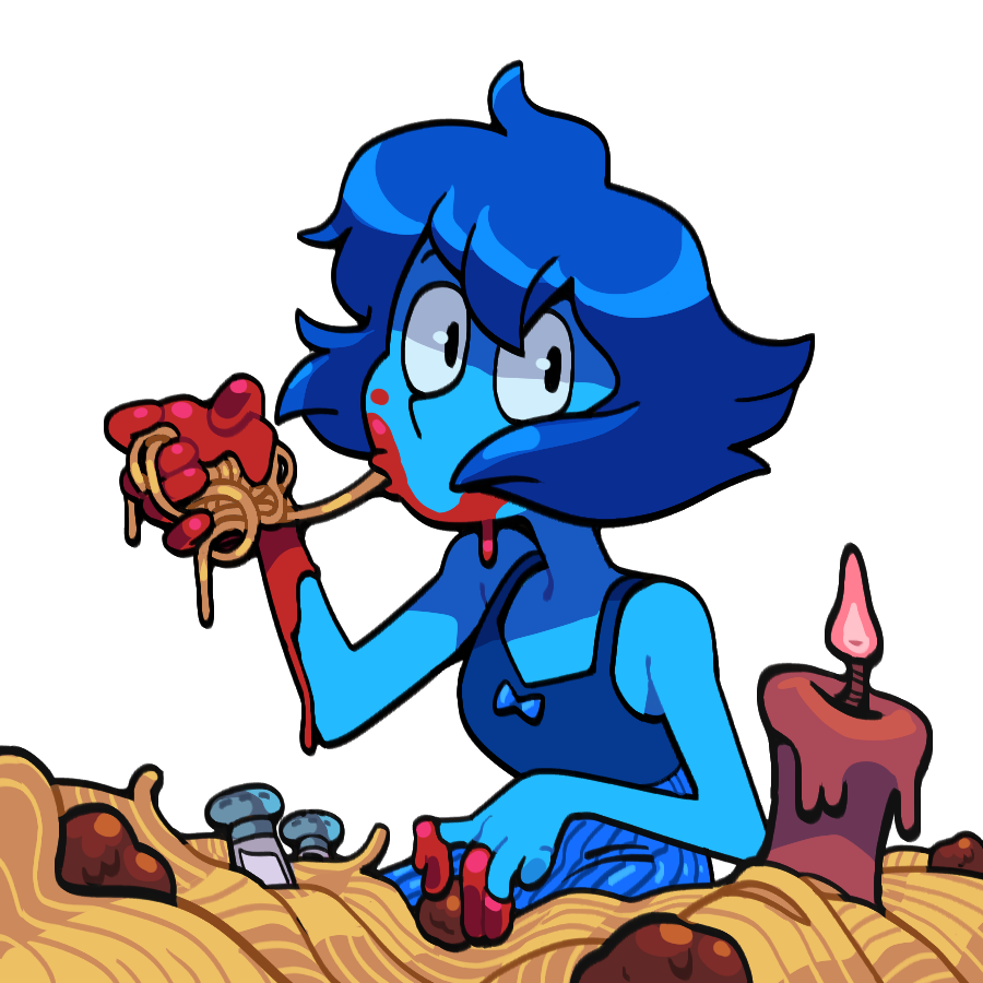 discount-supervillain, lapis lazuli (steven universe), steven universe, 1girl, alternate costume, blue hair, blue skin, breasts, candle, colored skin, eating, food, food on face, lapis lazuli (species) (steven universe), pasta, short hair, simple background, solo, spaghetti