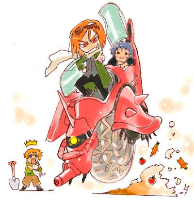 anubituf (simoun), floe (simoun), guragief (simoun), zaku, zaku ii, zaku ii s char custom, gundam, mobile suit gundam, simoun, vehicle, lowres, 3boys, ^^^, blue hair, cat, goggles, grin, male focus, motor vehicle, motorcycle, multiple boys, orange hair, parody, pointing, shovel, smile, worktool