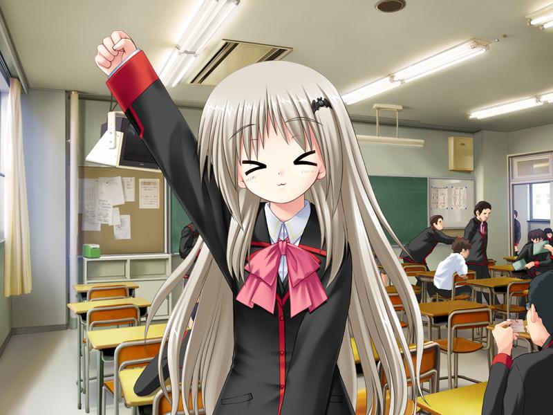 na-ga, noumi kudryavka, little busters!, screencap, silver hair, game cg, > <, 1girl, :3, bow, classroom, closed eyes, desk, female focus, long hair, pink bow, school, school desk, school uniform, serafuku, solo, x3