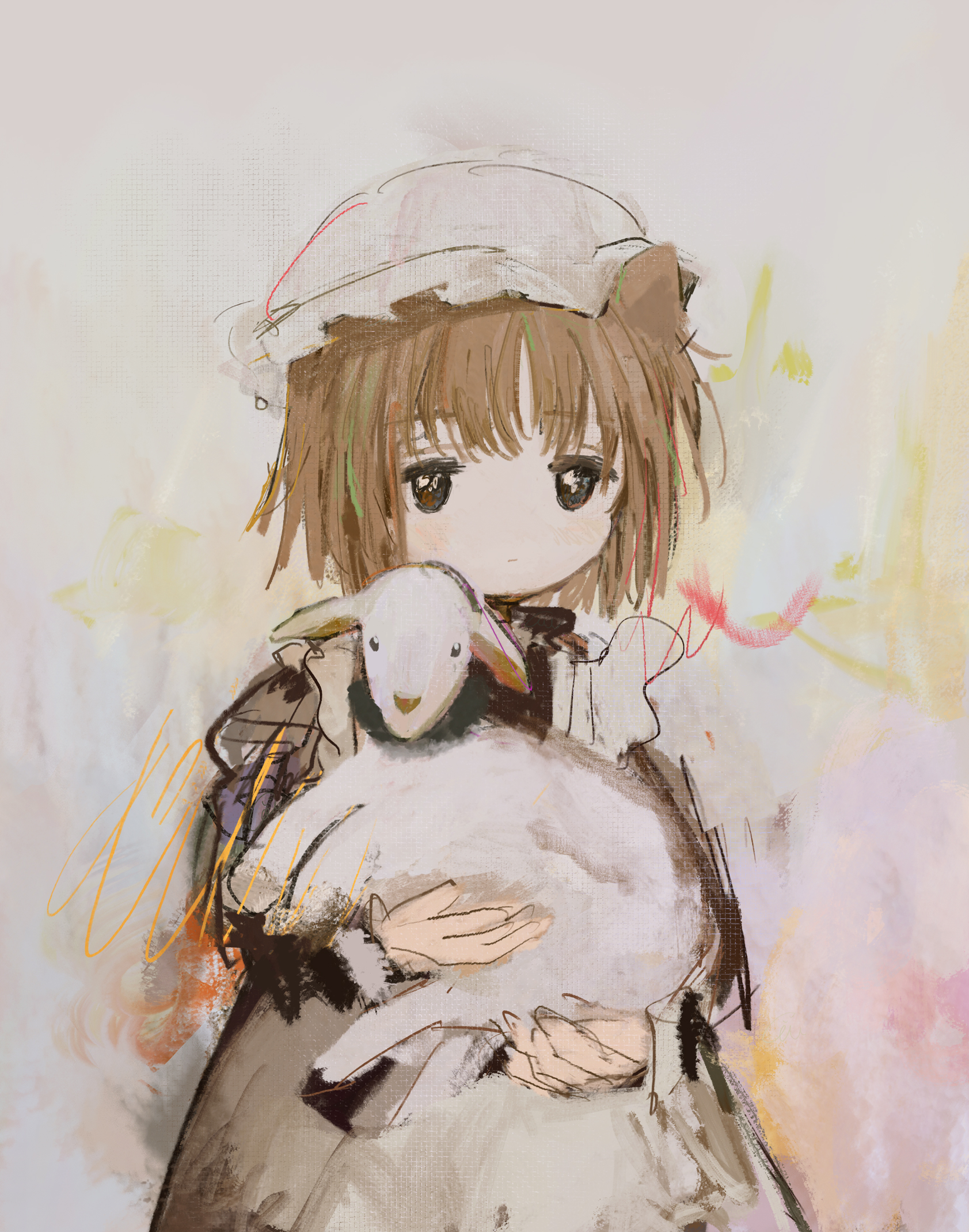 ciel (paradis47), original, highres, 1girl, animal, apron, baby animal, brown hair, closed mouth, dress, hat, holding, holding animal, lamb, looking at viewer, mob cap, sheep, short hair, solo, upper body, white hat