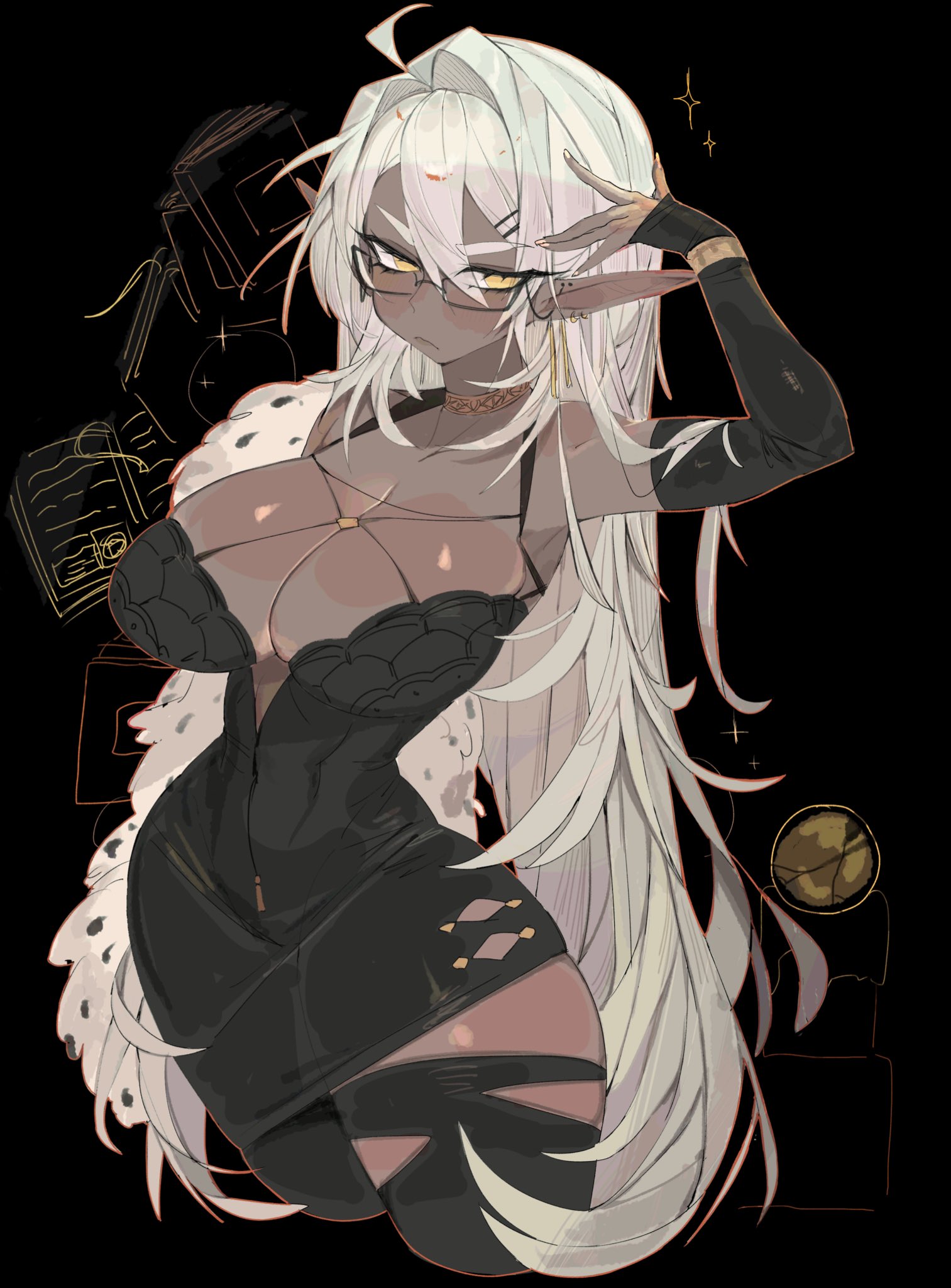 usa37107692, original, highres, 1girl, :/, ahoge, arm up, armlet, armpits, asymmetrical dress, black dress, black thighhighs, borrowed character, breasts, choker, cleavage, collarbone, detached sleeves, dress, ear piercing, earrings, eyewear strap, glasses, gold choker, hair between eyes, hair ornament, hair over shoulder, hairclip, huge breasts, jewelry, long hair, long pointy ears, looking at viewer, nail polish, narrow waist, narrowed eyes, piercing, pointy ears, short dress, solo, thick thighs, thighhighs, thighs, torn clothes, torn thighhighs, very long hair, white hair, yellow eyes