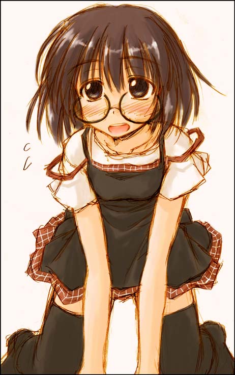 hirasaka makoto, misaka shiori, kanon, black thighhighs, blush, brown hair, glasses, short hair, sketch, solo, thighhighs, white background