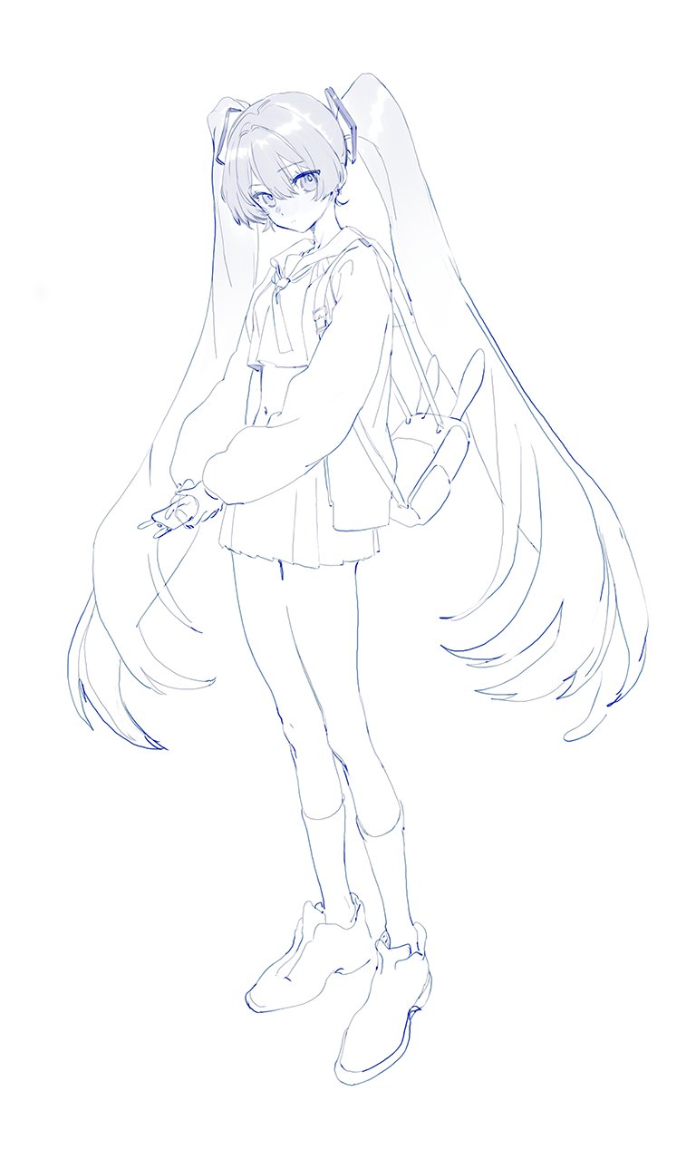olys, hatsune miku, vocaloid, 1girl, bag, crop top, full body, long hair, navel, phone, solo, standing, twintails, very long hair