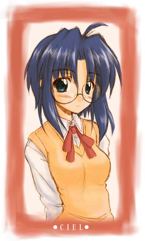 hirasaka makoto, ciel (tsukihime), tsukihime, 00s, 1girl, ahoge, blue eyes, blue hair, blush, female focus, looking at viewer, matching hair/eyes, school uniform, shirt, short hair, simple background, solo, sweater vest, upper body, white background, white shirt